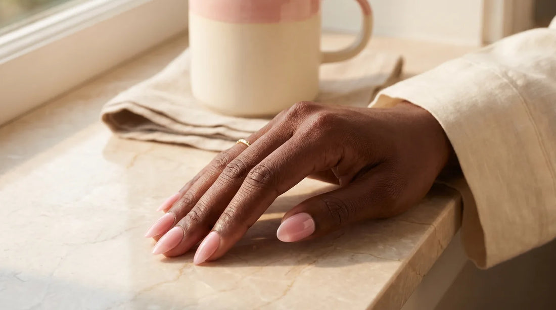 Close-up of an African American woman's hand with soft pink almond-shape press-on nails resting on a warm beige marble countertop next to a cream ceramic mug