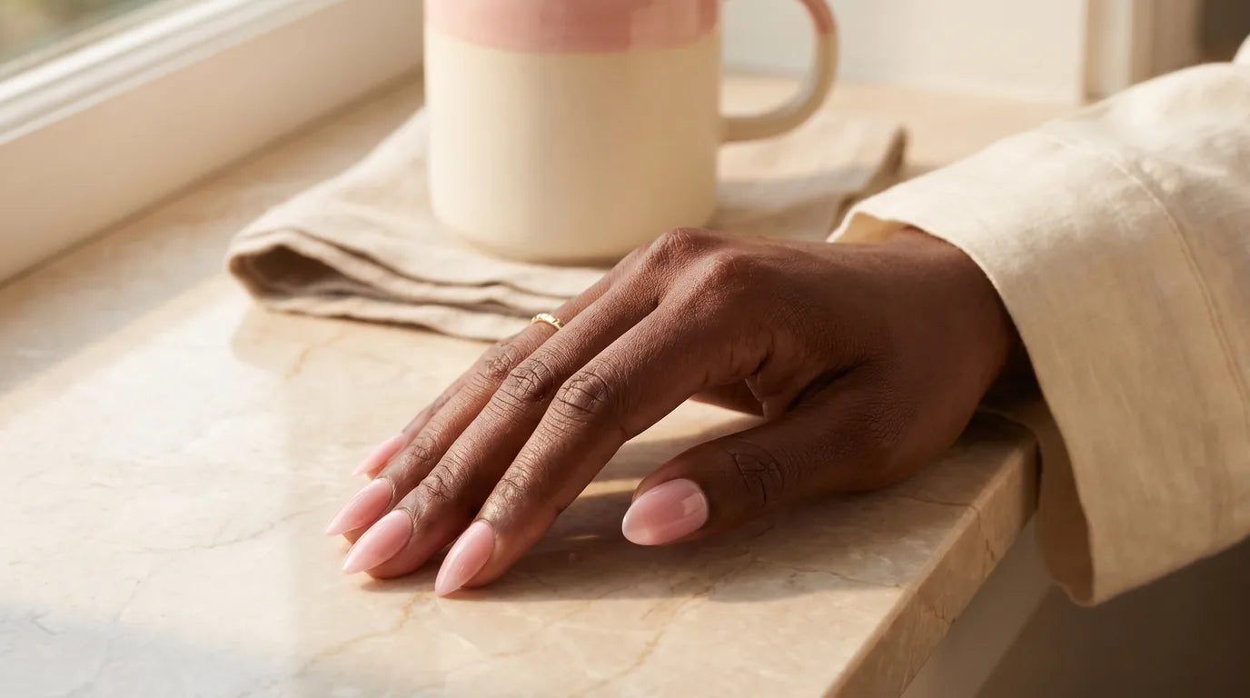 Close-up of an African American woman's hand with soft pink almond-shape press-on nails resting on a warm beige marble countertop next to a cream ceramic mug