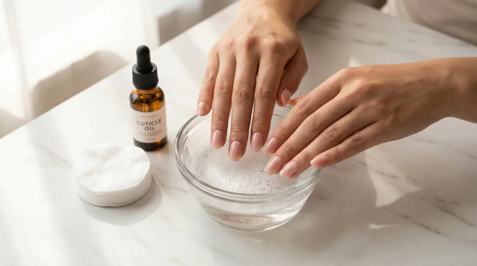 Overhead flat lay of hands soaking fingertips in warm soapy water beside cotton pads and cuticle oil on a marble countertop