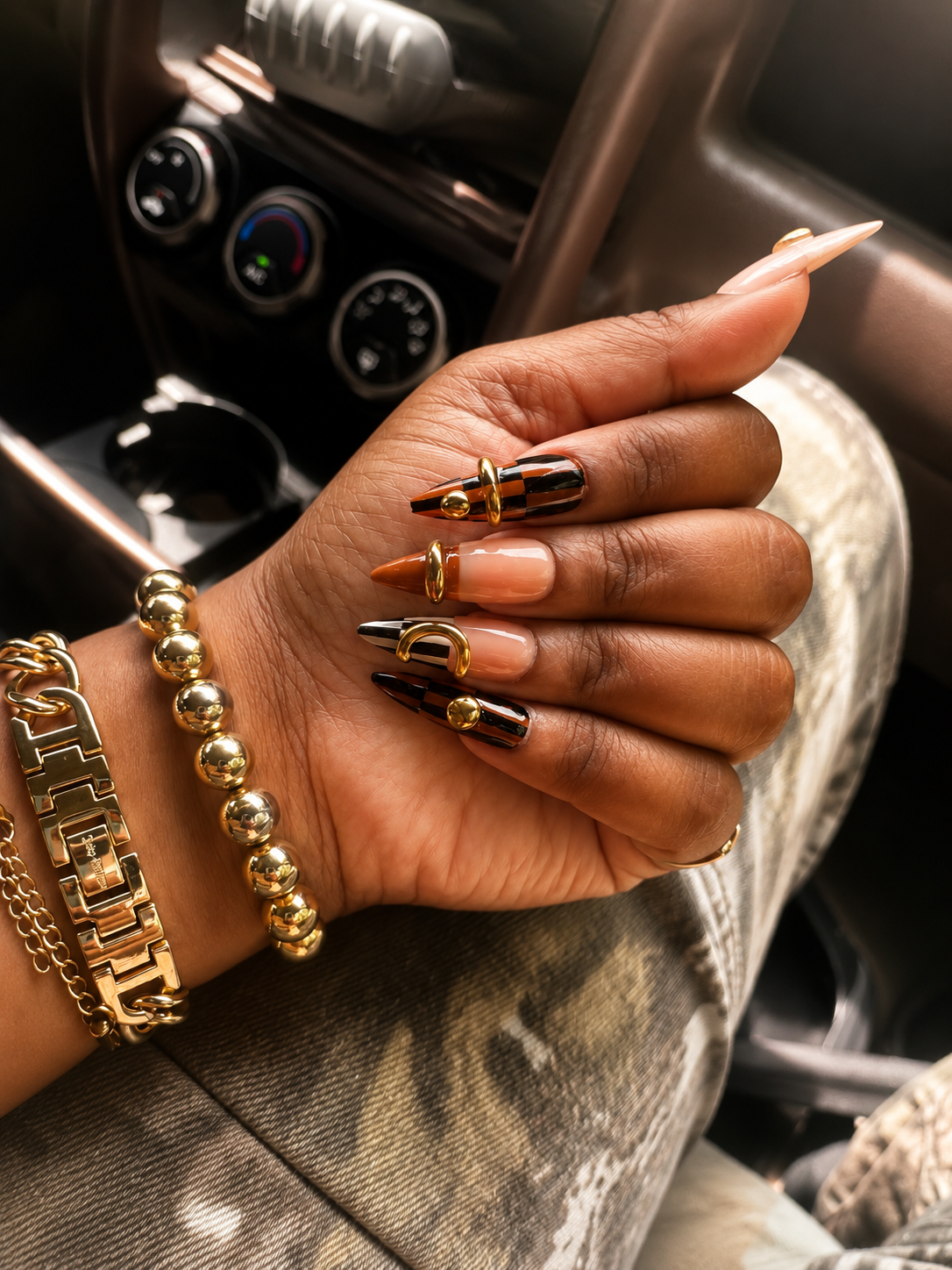 Brown Tan Stiletto Acrylic Press-On Nails Nude and Gold Rings / Studs