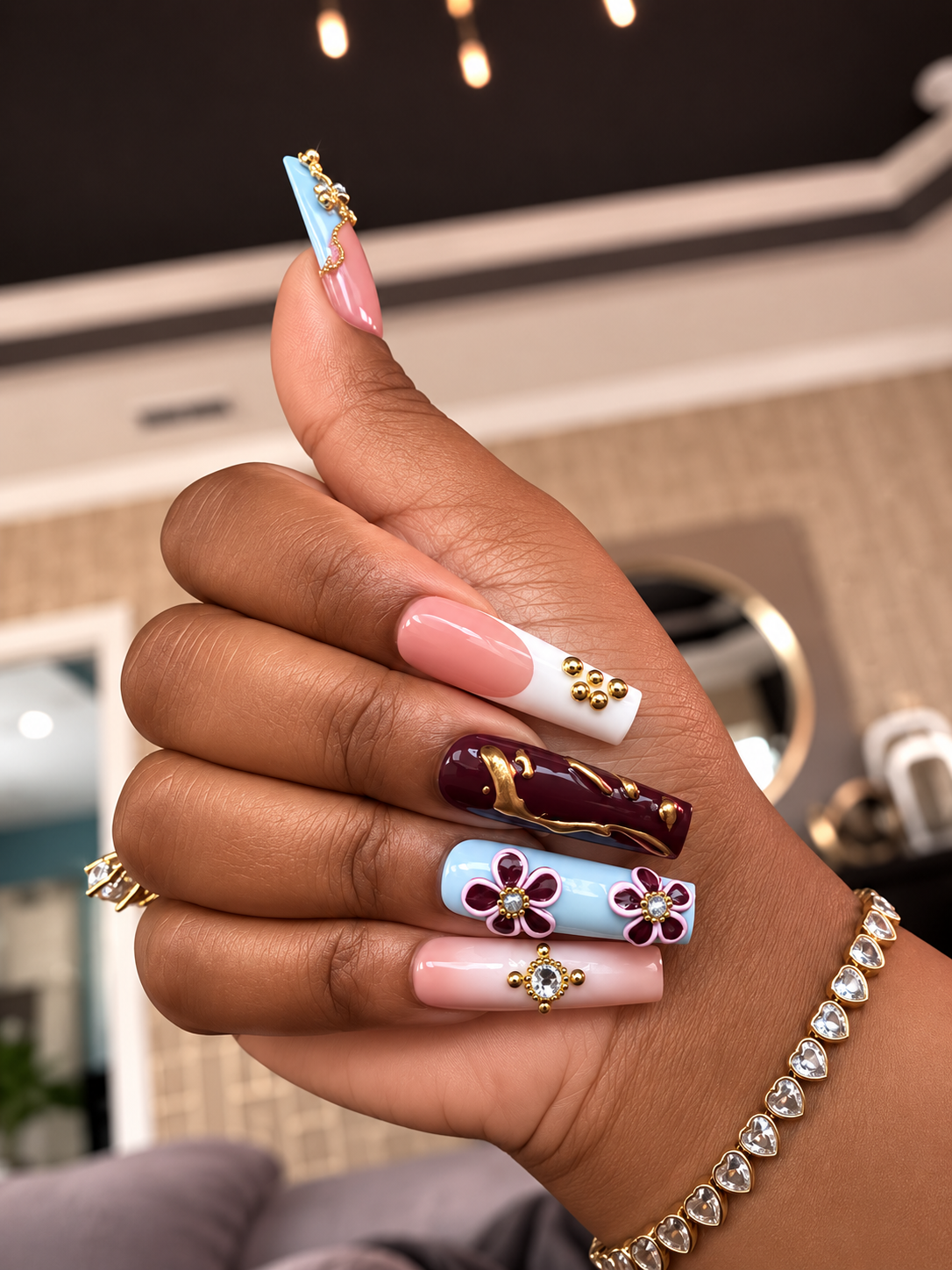 3D Floral Leopard French Medium Almond Acrylic Press-On Nails