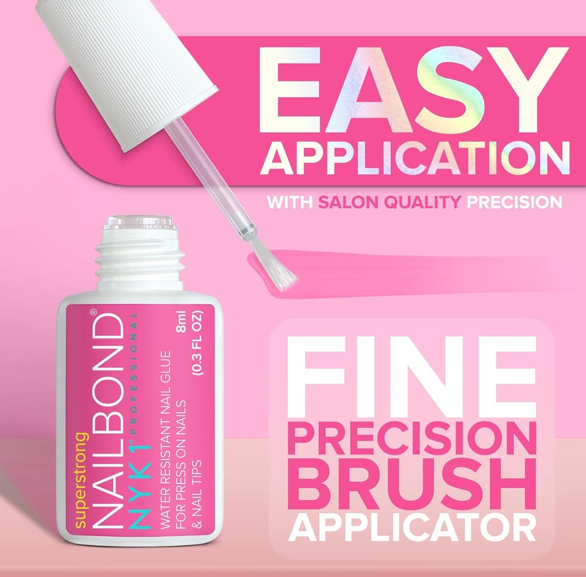 Nail glue with brush applicator, designed for applying and securing press-on nails.