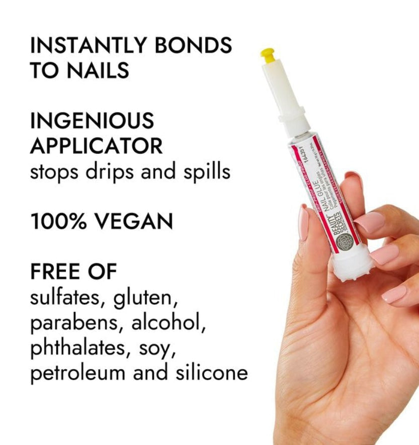 Tube of nail glue for attaching press-on nails.