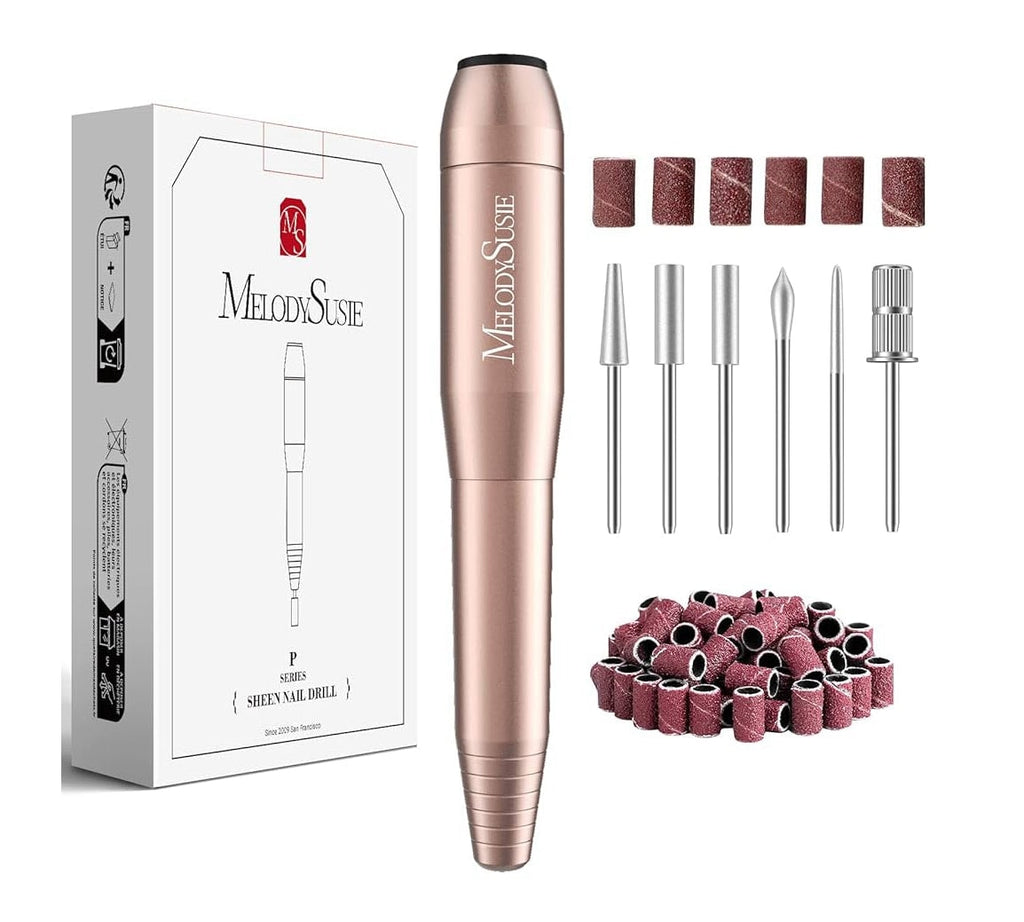 Image features a nail drill kit with a drill, drill bits and sanding bands.