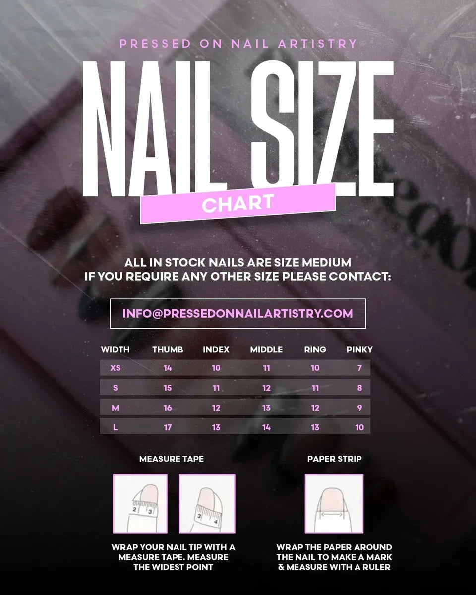 Nail size chart for press-on nails with sizes XS, S, M, and L, including measurements for each finger. Instructions are provided for measuring nail width using a measure tape and a paper strip.
