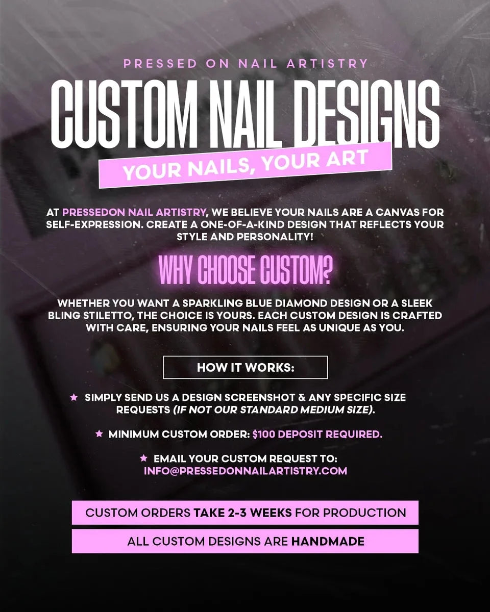 Image showcases custom press-on nail design options. Customers can choose the shape, length and color to create a personalized bling stiletto nail look.