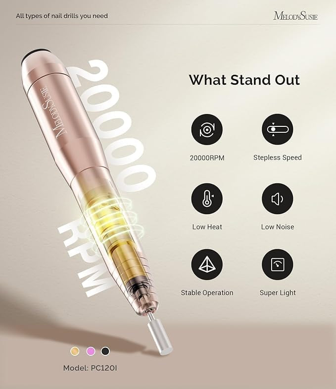 A rose-gold multifunctional nail drill kit shown with features such as 20000RPM, stepless speed, low heat and low noise.